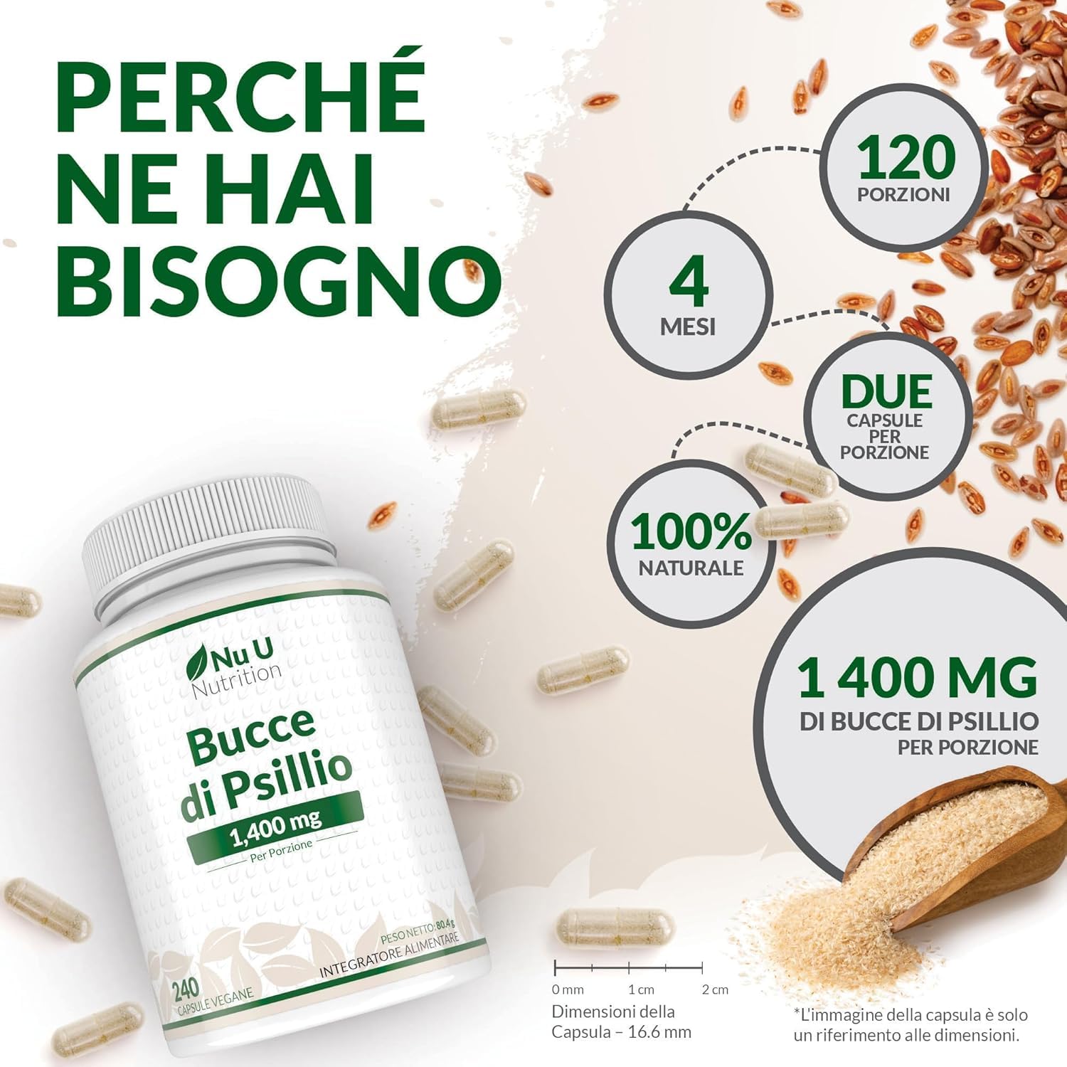 Bucce di Psillio Alto Dosaggio 1400mg - 240 Capsule Vegane - 4 Mesi di Fornitura - Prebiotico Naturale Psyllium Husk - Integratore Ricco di Fibre - Prodotto in Europa - Nu U Nutrition