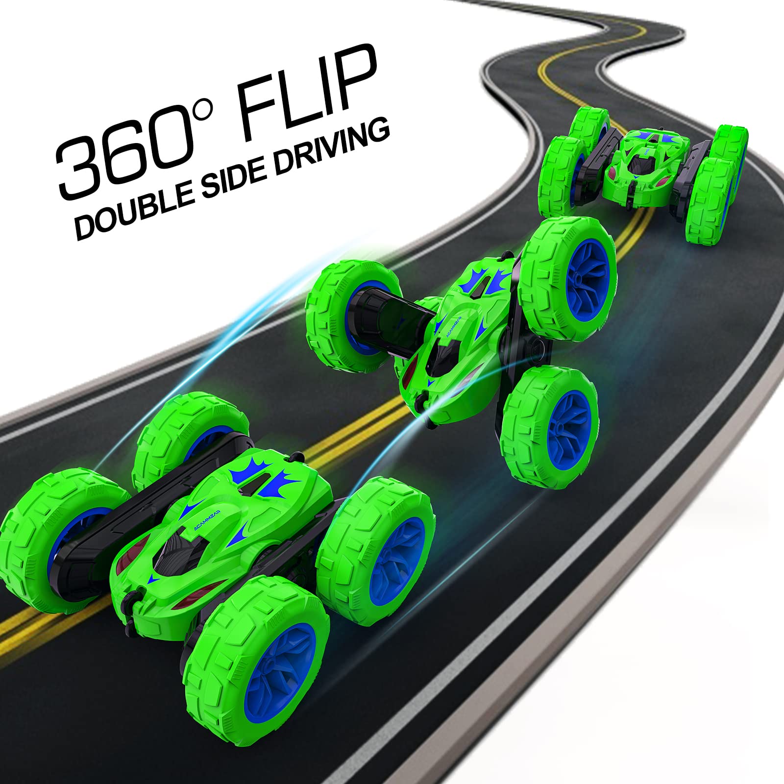 ACAMMZAR RC Voiture Telecommandé Tout Terrain pour Enfants, 2.4GHz 4WD 360° Rotation Stunt Car, Offroad RC Voiture Crawlers avec LED 2 Piles Rechargeables für Enfants Adulte