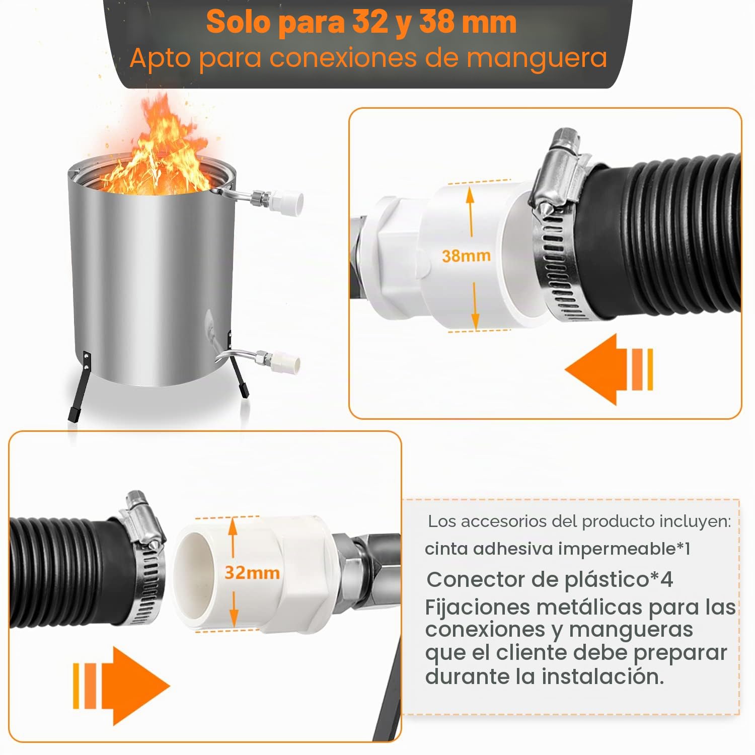 Gimisgu Calefacción para piscina de leña, calefacción de piscina con fuego, calentador de piscina, barril de fuego de acero inoxidable, cubo de fuego climatizado, 32/38 mm, conectores 100% de acero