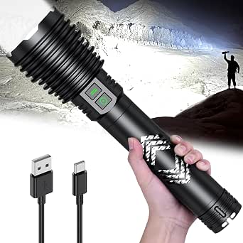 Rechargeable Flashlight 600,000 Lumens, Super Bright LED with Long Handle, Large Capacity Battery, Zoomable & 6 Modes, Waterproof for Camping & Emergencies