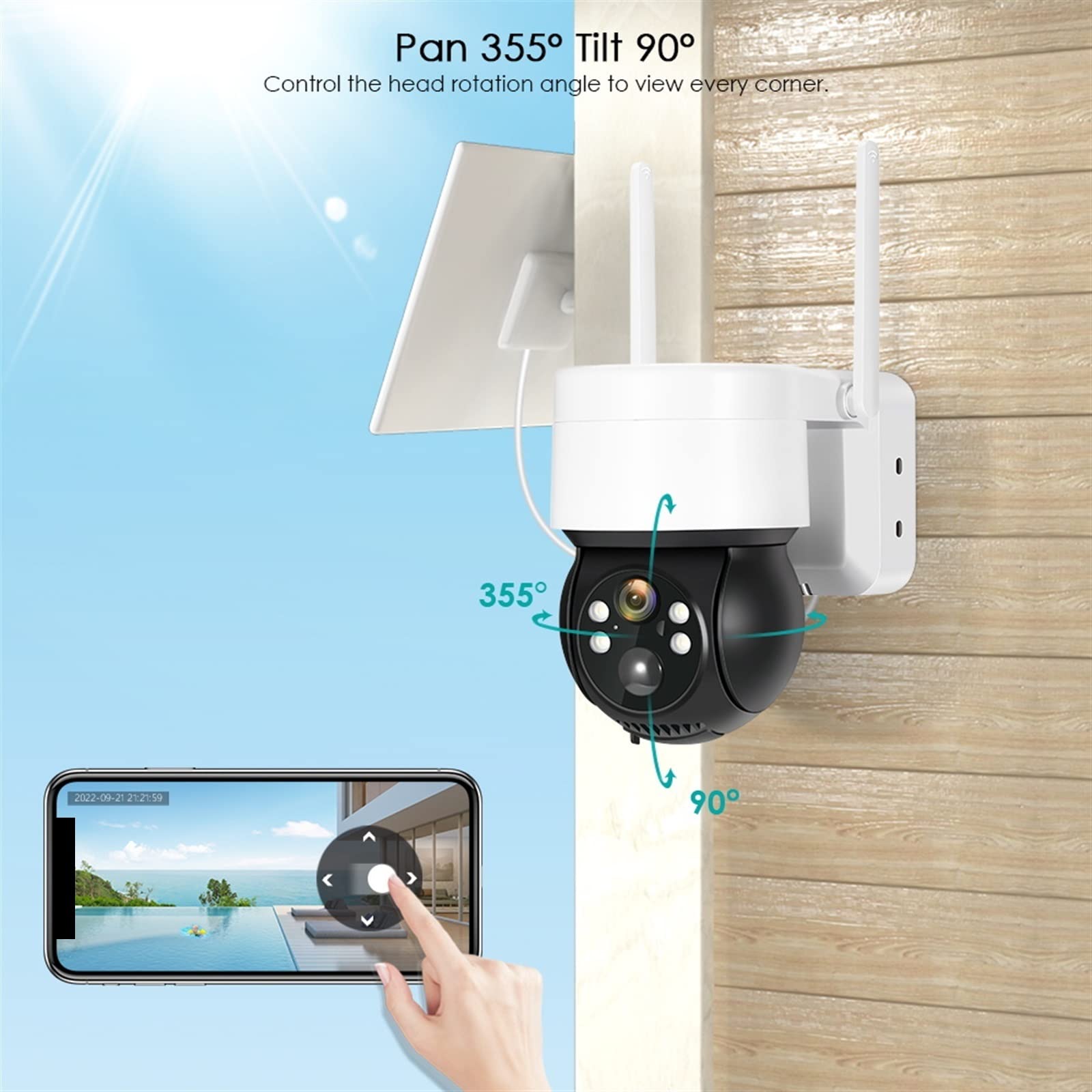 Telecamera Wifi Esterno, Telecamera solare 1080P Telecamera IP PTZ for visione notturna esterna con pannello solare Ricarica batteria Telecamere di videosorveglianza CCTV da 2 MP ,Sicurezza, Antifurto