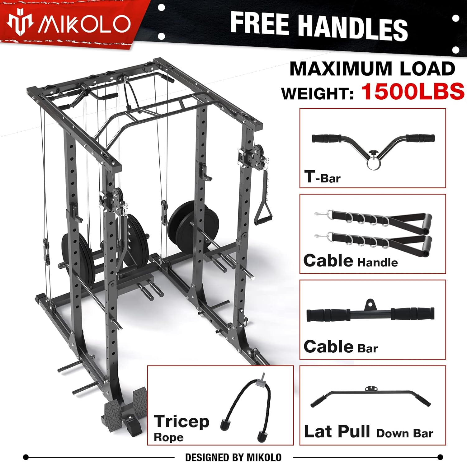 Mikolo Power Cage with LAT Pull Down System, 1500lbs Squat Rack with Cable Crossover, Workout Cage with J-Hook, Landmine, Band Peg, Battle Rope Ring Home Gym (Black) : Sports & Outdoors