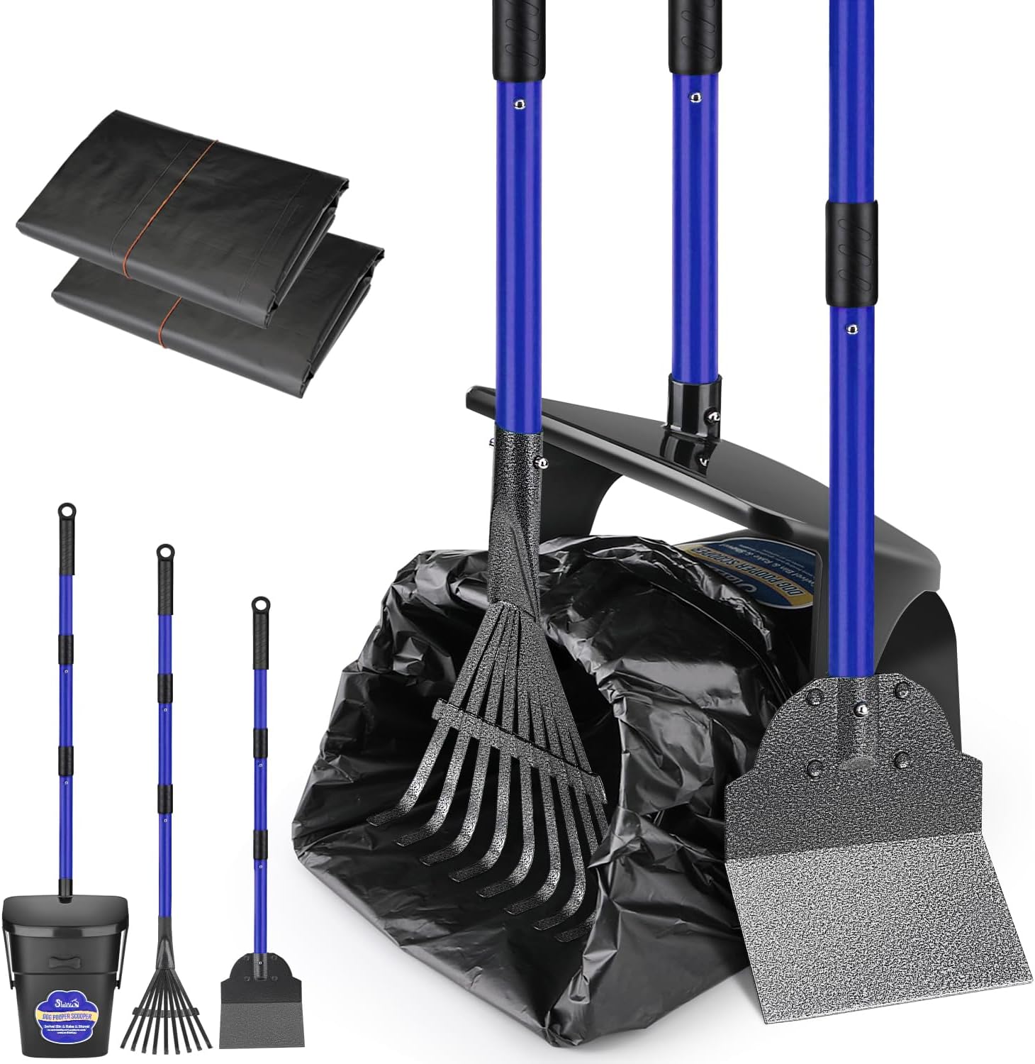 Dog Pooper Scooper - 95cm Long Handle Adjustable Swivel Bin & Rake & Spade Kit with 20 Waste Bags - Portable Dog Pooper Scooper for Large Medium Small Pet Cat Dog Outdoor Yard Grass Gravel Lawn