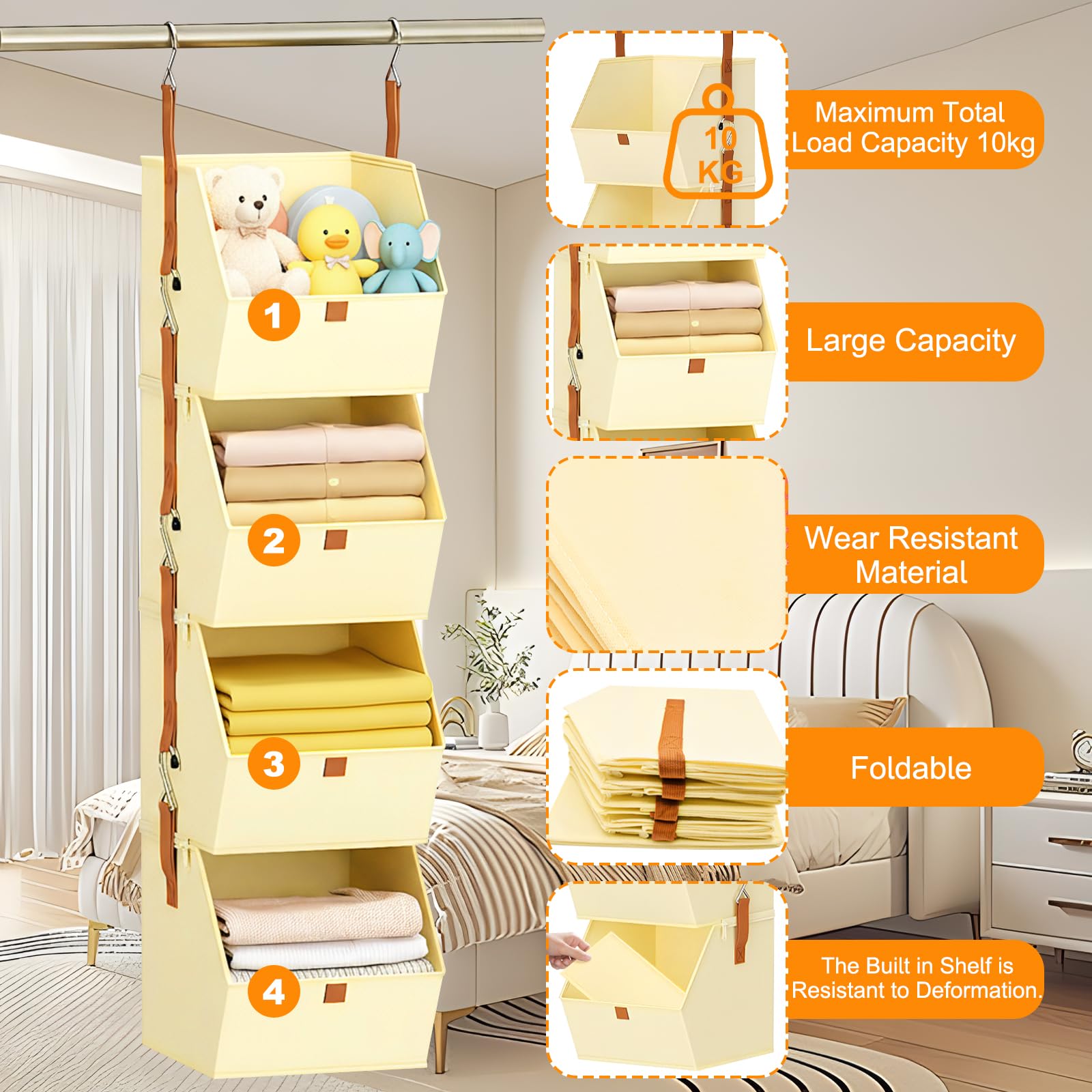 Organizzatore sospeso, con 4 scomparti, smontabile, in tessuto, organizer da appendere, grigio, pieghevole, per camera da letto, armadio, biancheria da letto