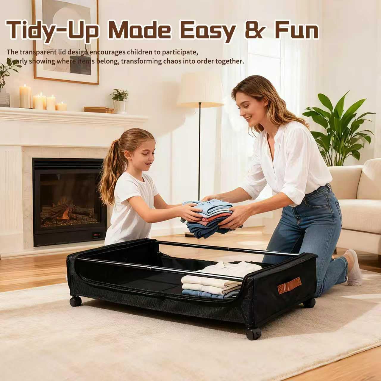 Under Bed Storage with Wheels, 35L Large Capacity Underbed Storage Container with Clear Lid & Label, Rolling Metal Drawer for Clothes, Shoes, Toys, Books, Blankets, Black