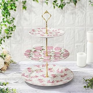 3 Tier Pink Floral Cake Stand Ceramic Coquette Dessert Stand with Gold M...