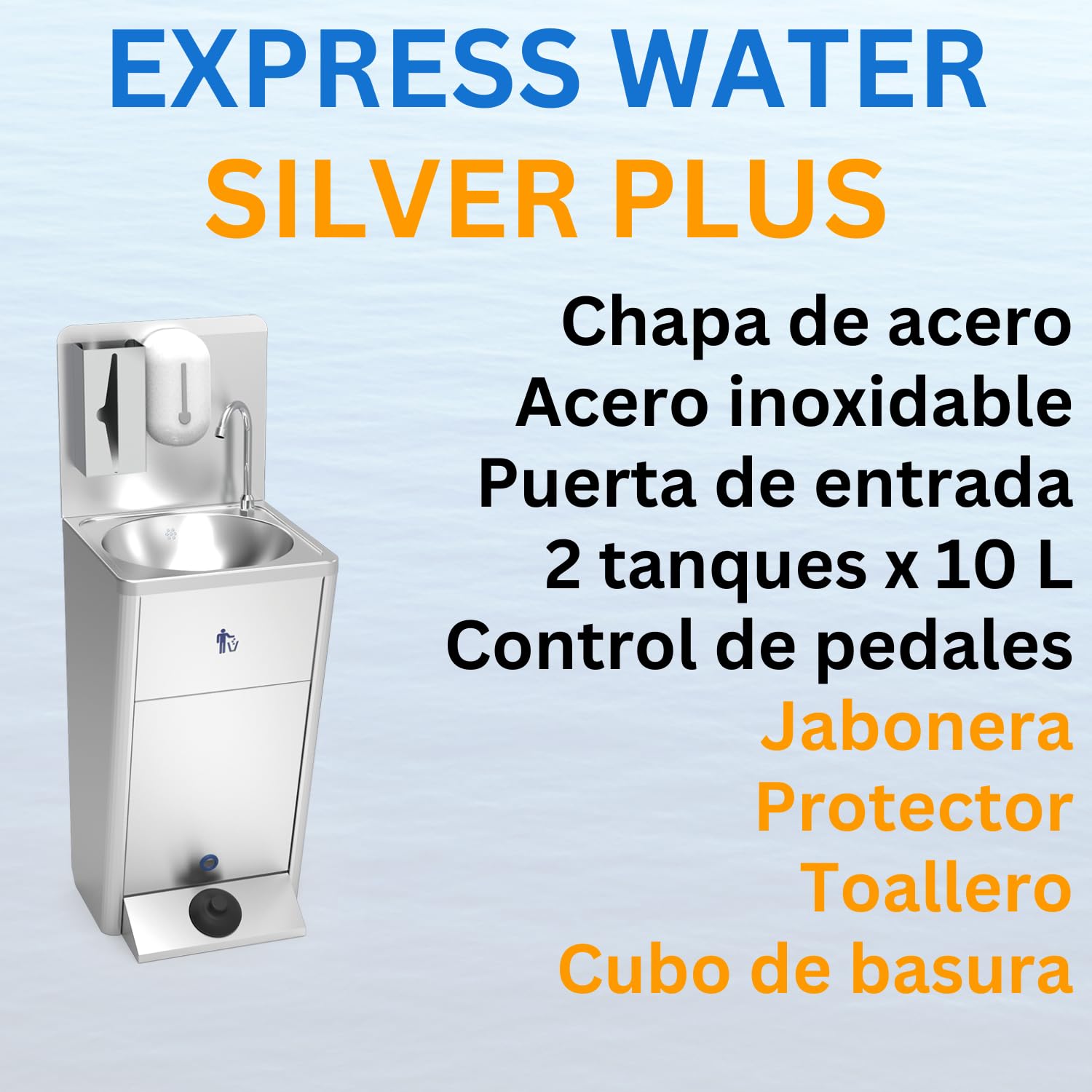 Express Water Silver Plus, Fregadero para Lavabo, Portátil Autónomo Transportable, con Depósito de Agua, en Acero Inoxidable, con Mando por Pedal, Certificado, Completo con Accesorios