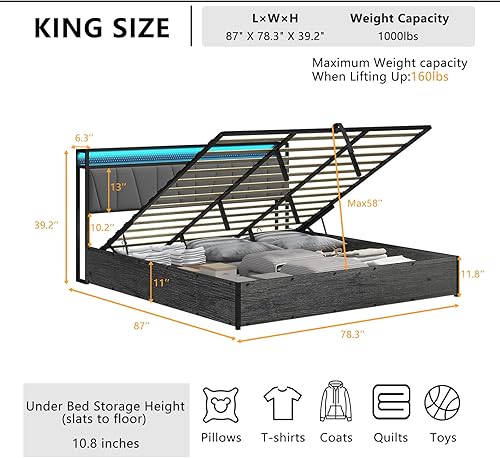 Miniatura 37 de Base de cama de almacenamiento elevable de tamaño matrimonial con luces LED, cabecera tapizada de lino con estación de carga, marco de cama de