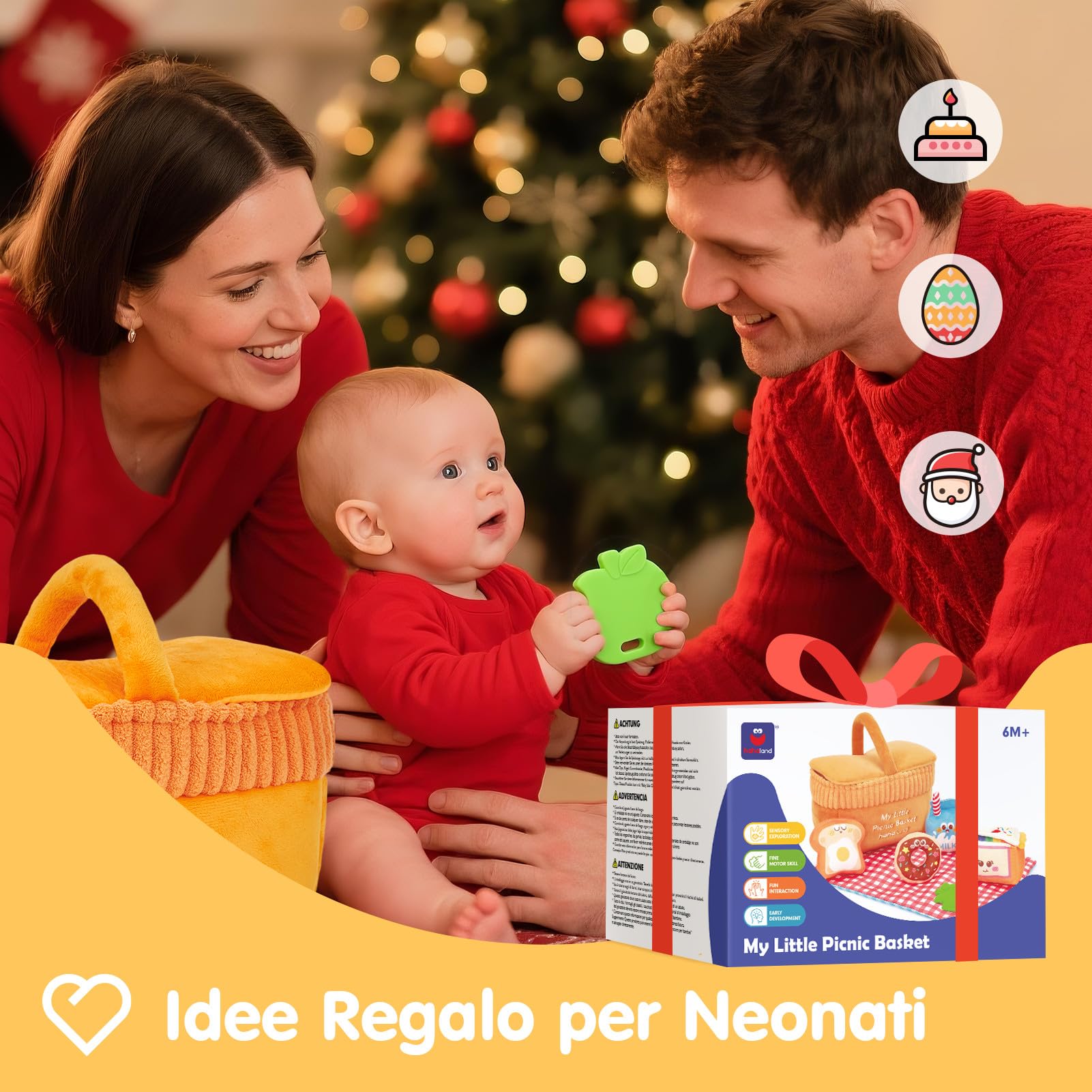hahaland Giochi Sensoriale Neonato 6-12 Mesi, Kit da Picnic in Stoffa con Sonaglio/Specchio, Cestino da Picnic Morbido Gioco Educativo per Bimbo Bimba Montessori 6 Mesi, Regalo Bambini 1 Anno