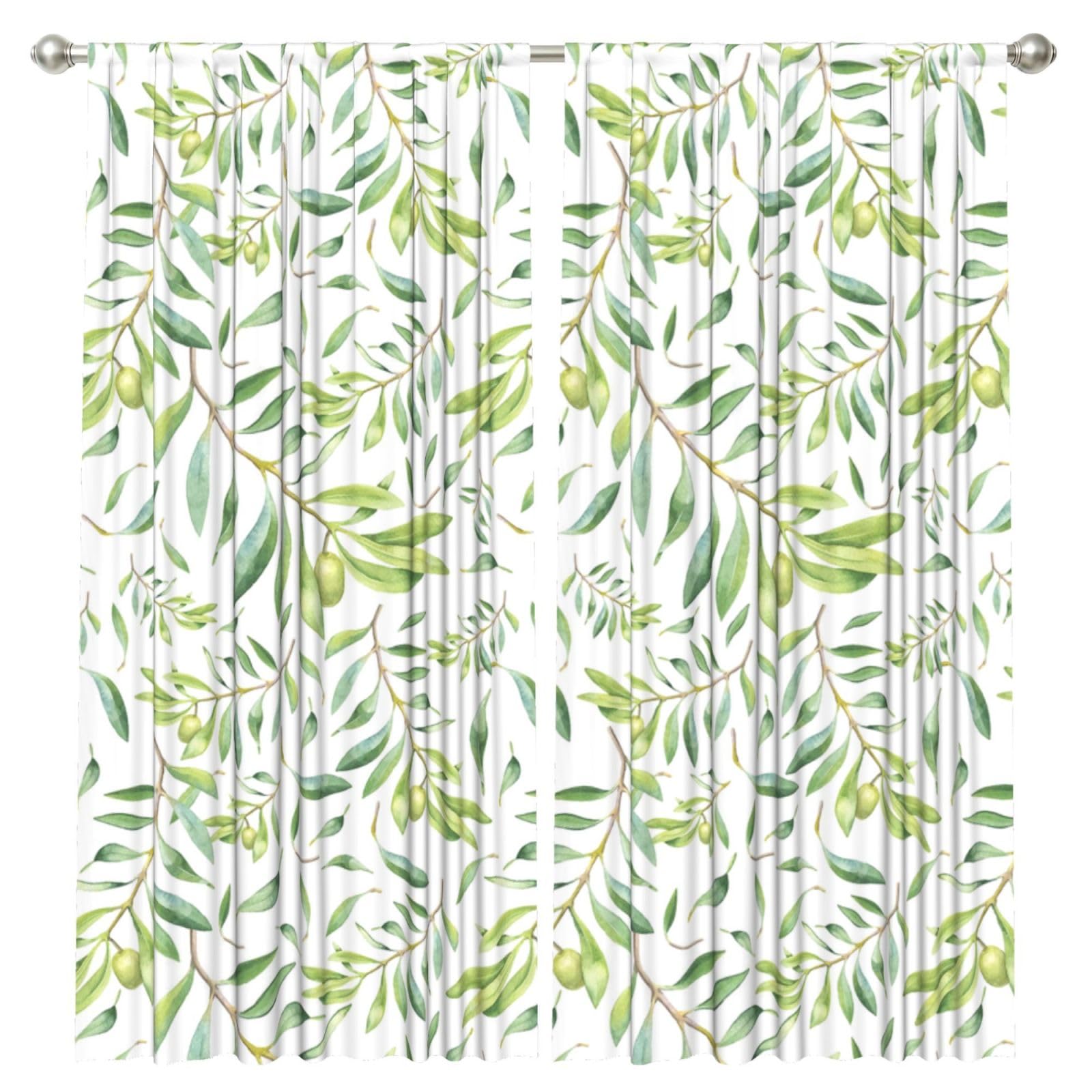 InOmak Green Watercolor Olive Branch Pattern, 2 Panels Window Curtains 52 x 84 Inch Blackout Curtains for Living Room Bedroom