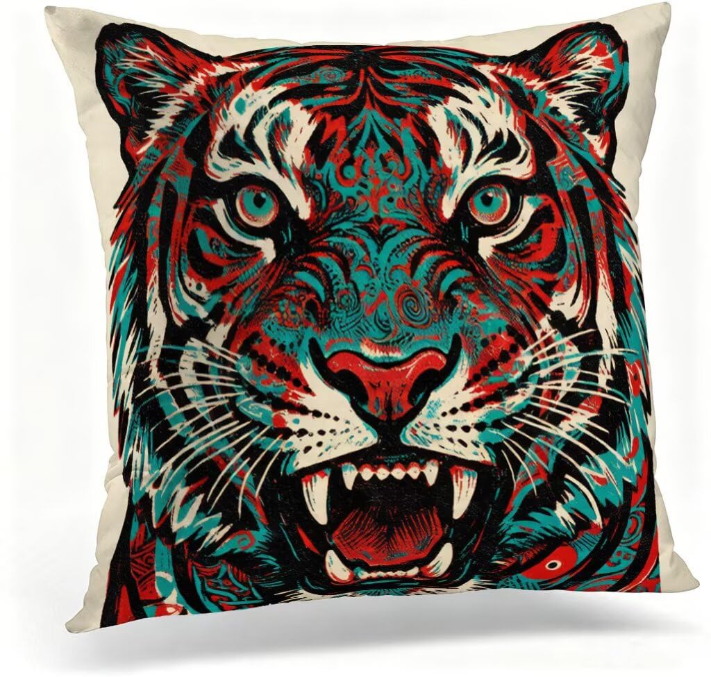 Taie oreiller 55 x 55 motif tigre impression recto verso en lin durable