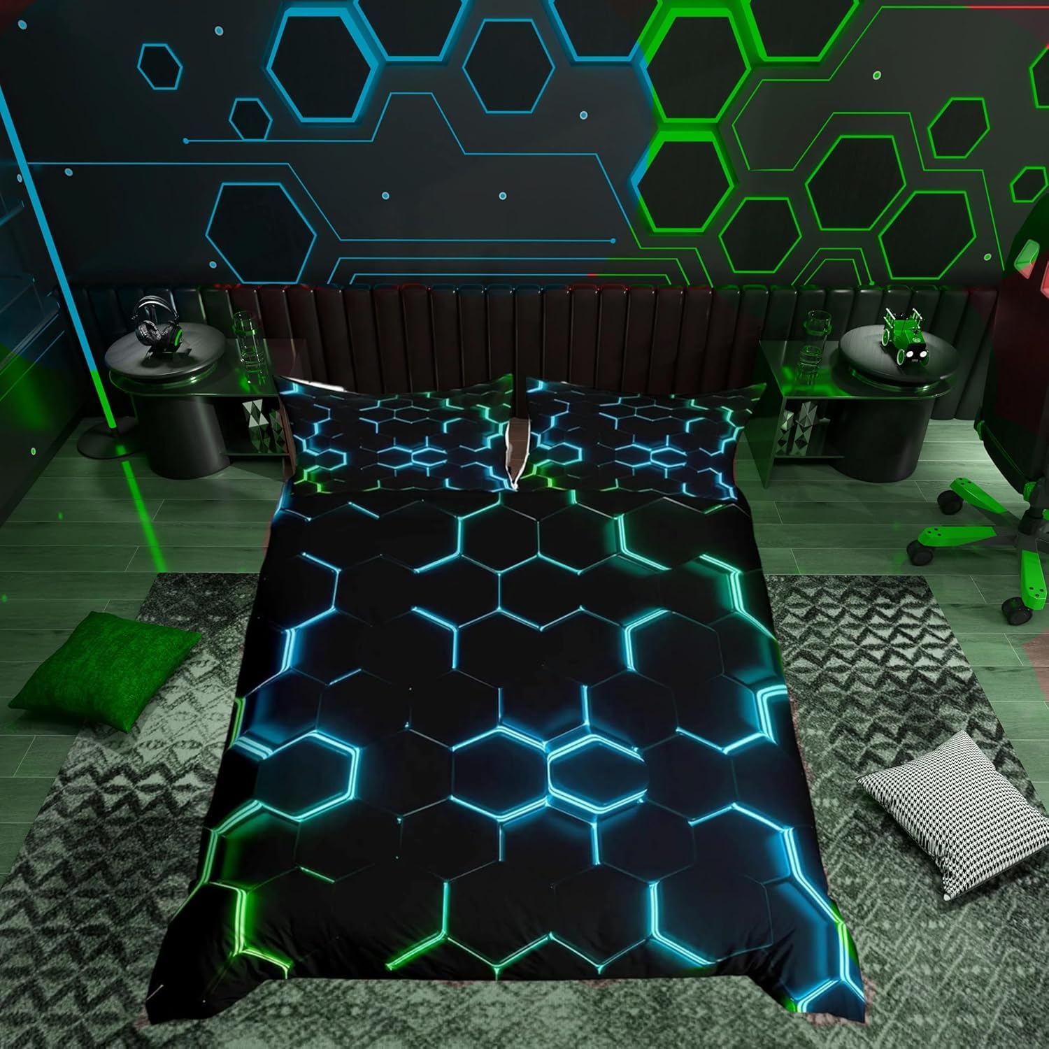 Loussiesd Teal Grün und Schwarz Honigwaben Druck Bettwäsche 155x220cm Sechseckige Set Kinder Jungen Teens Honigwaben Dekor Bienenstock Geometrische Bettbezug Set Modern Stil