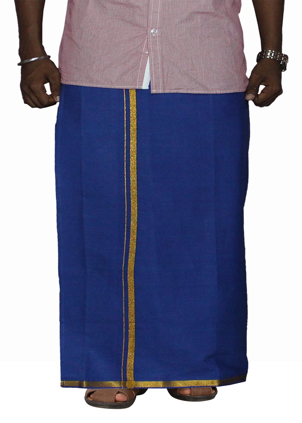 Prakasam Cotton Men's Single Blue Colour With Jari Border Welcro Pocket Dhoti (Hip Size-36)-(Length-42Inches)