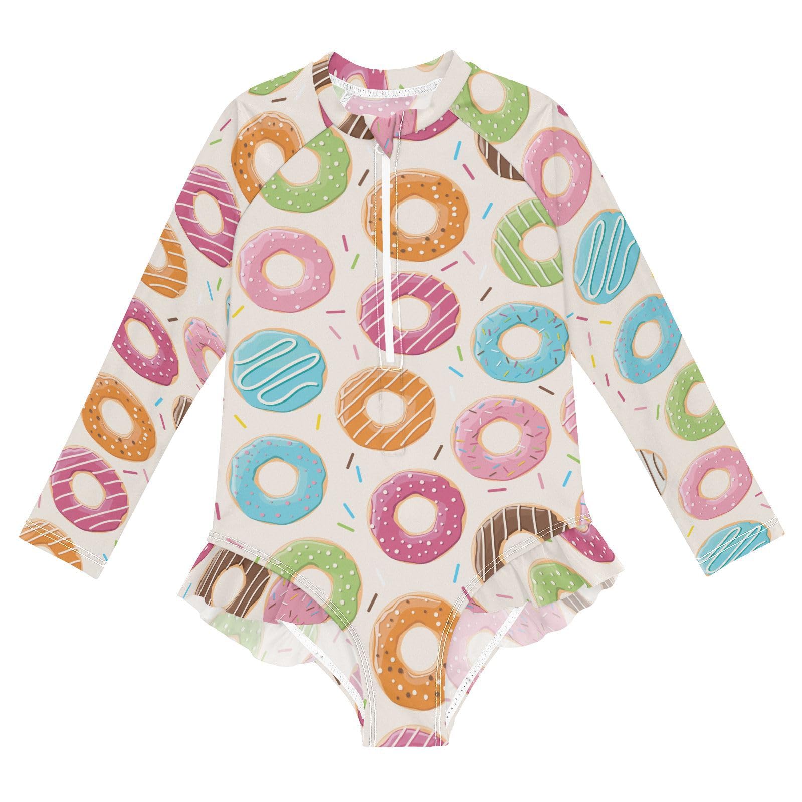 Ollabaky Baby Girls Long Sleeve Swimsuit Colorful Tasty Glossy Donuts One Piece Bathing Suit Rash Guard UPF50+ Toddler Girl Swimwear, 11-12T