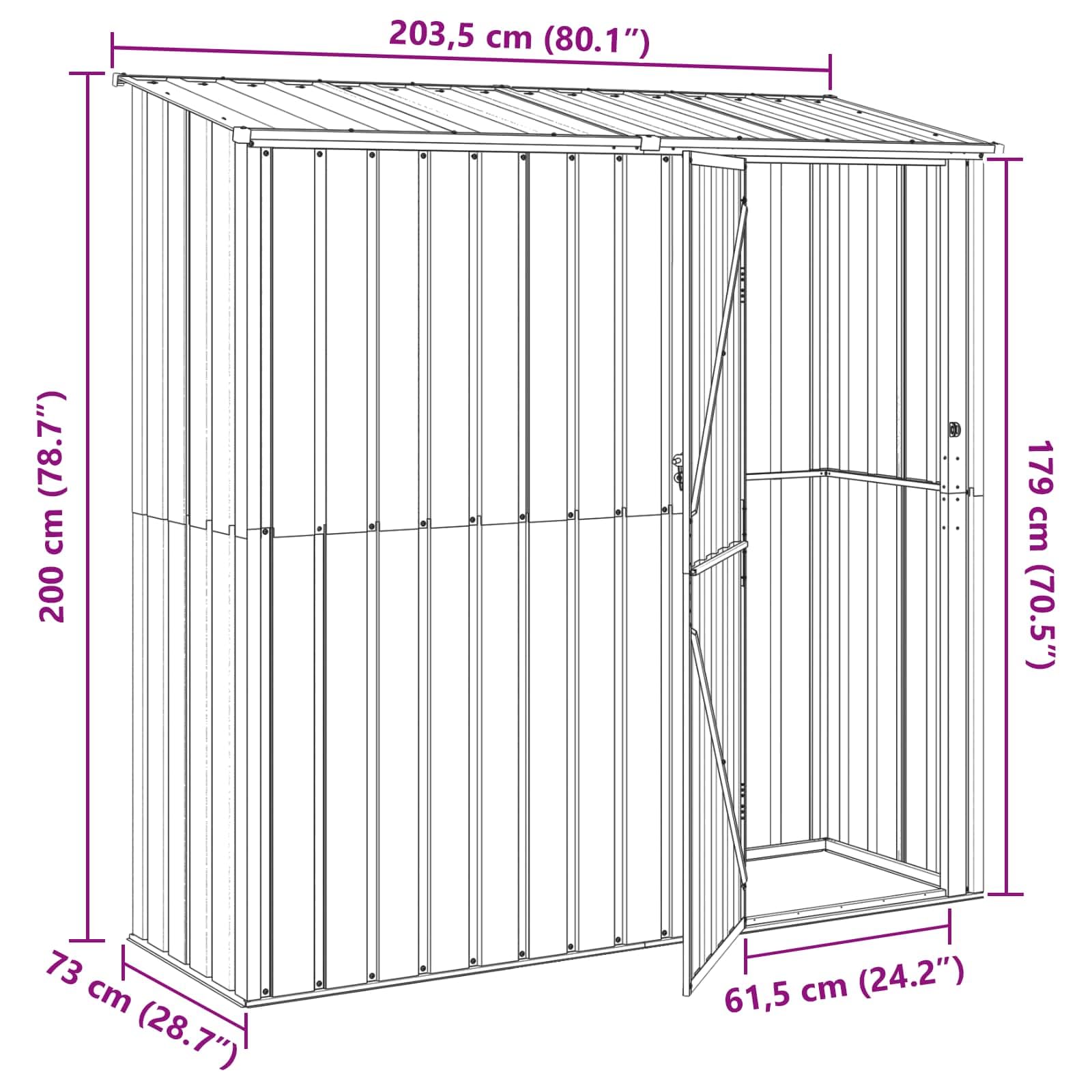 Domek ogrodowy, antracyt, metalowy, 203,5 x 73 x 200 cm, z miejscem do przechowywania, zamykany, odporny na warunki atmosferyczne, na taras, podwórko, balkon, domek na narzędzia, do przechowywania