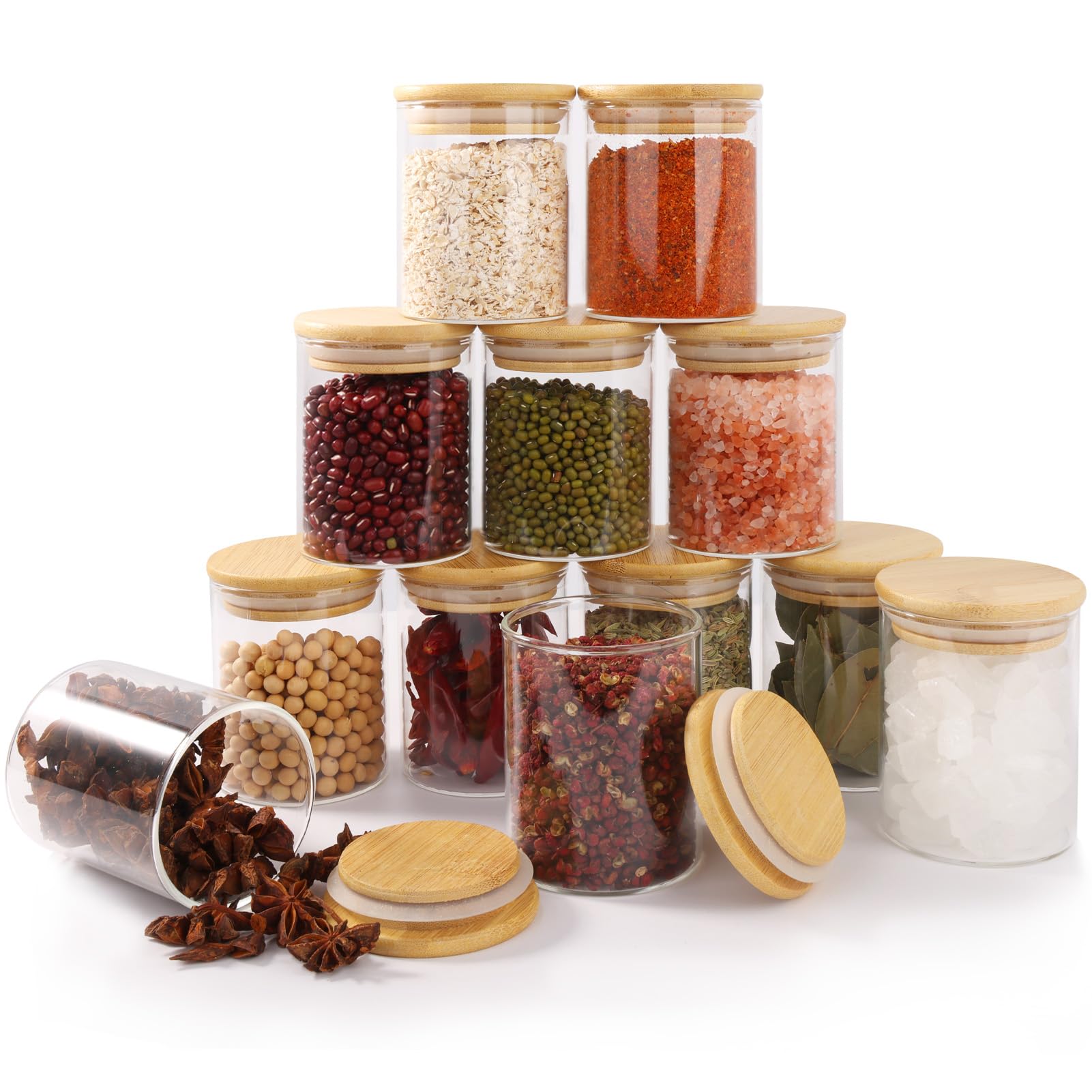 FoiiLiio 12 Bocaux à Épices Ronds en verre 200 ml avec couvercle en Bambou, RéCipient à ÉPices, Ensemble de Pots à ÉPices, Boite a Epices Cuisine Rangement avec Étiquettes Vierges