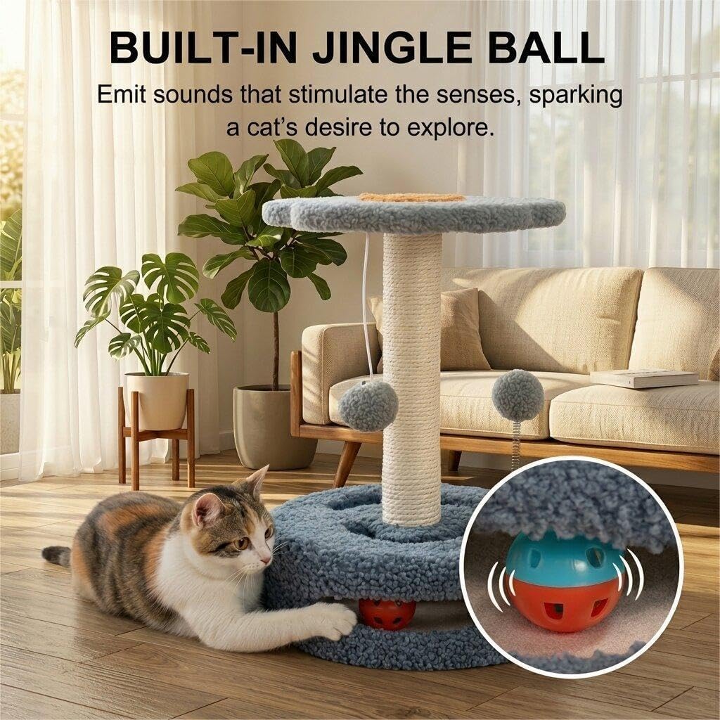 18" Tall Cat Scratching Post with Platform, Replaceable Sisal Pads, Hanging Ball & Interactive Toy, Sturdy Scratcher for Indoor Cats Grey.