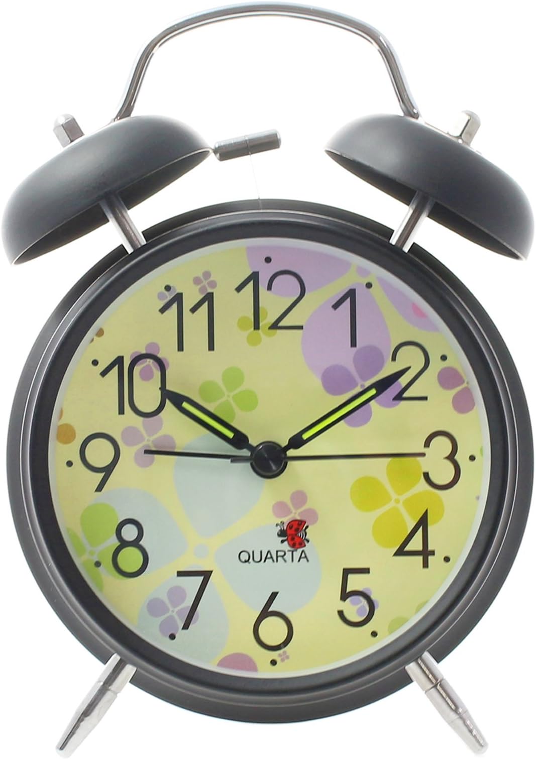 4" Vintage Retro Bedside Loud Twin Bell Numeral Desk Table Analog Quartz Movement Alarm Clock with Backlight - Black Frame With Colourful Clock face