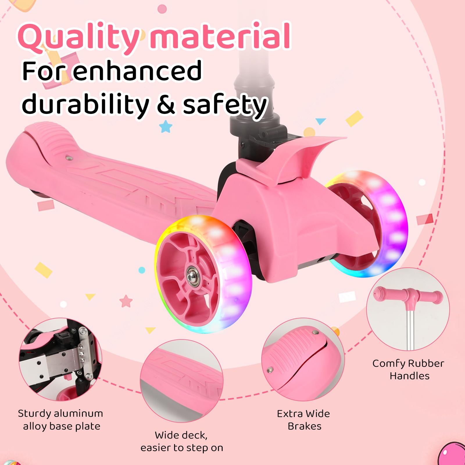 Maleta 3 en 1 para patinete, maleta rígida 3D para niños con ruedas de luz LED, mango retráctil, plegable y altura ajustable para niños y niñas (rosa)