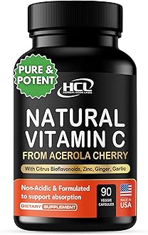 HCL HERBAL CODE LABS Natural Vitamin C from Organic Acerola Cherry - High Absorption - with Garlic Ginger & Citrus Bioflavonoids - Immune System & Collagen Booster - Anti Aging Skin Vitamins