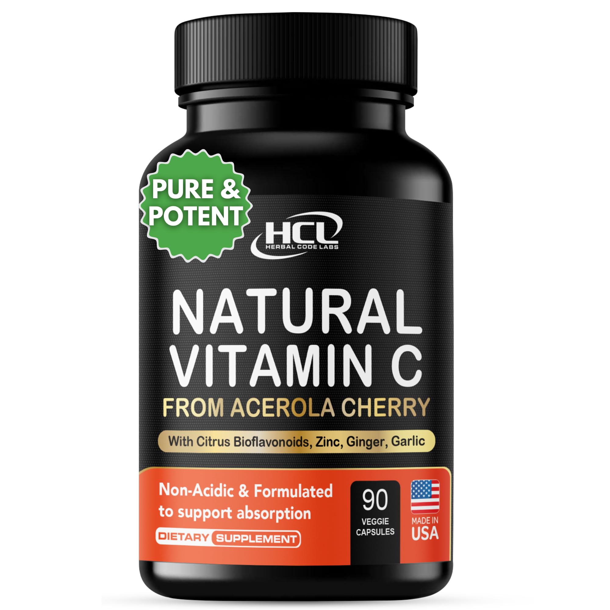 Natural Vitamin C from Organic Acerola Cherry - High Absorption - with Garlic Ginger & Citrus Bioflavonoids - Immune System & Collagen Booster - Anti Aging Skin Vitamins