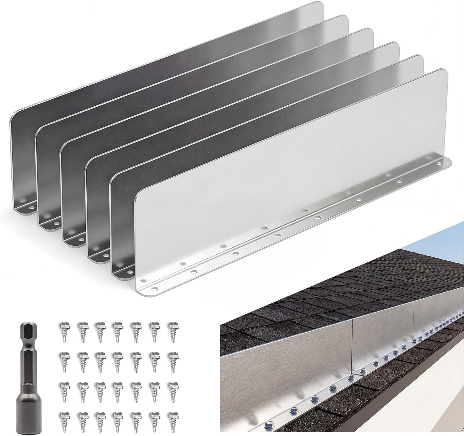 6 Pcs Gutter Valley Splash Guards, Stainless Steel Rain Gutter Diverter with 50 Pcs Matching Gutter Screws, Roofing Gutter Guard for House Shingle Roofs Corner(Bending Style)