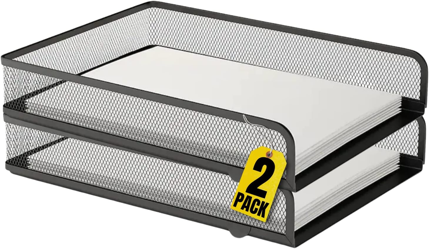 1InTheOffice Desk Trays Stackable Letter Tray, Matte Black Wire Mesh Front-Load Paper Tray Organizer, (2 Pack)