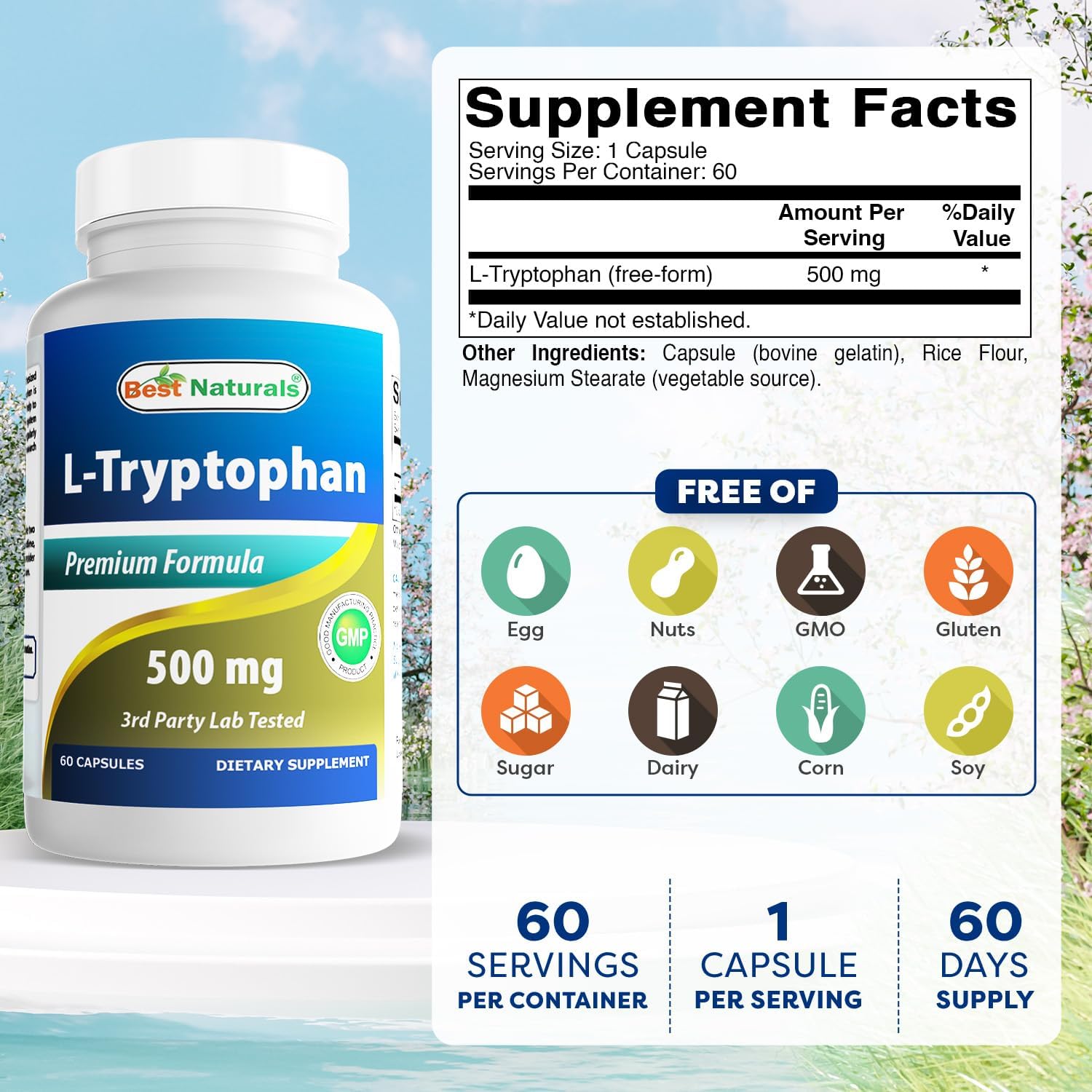 Best Naturals L-Tryptophan 500 mg 60 Capsules (60 Count (Pack of 3))