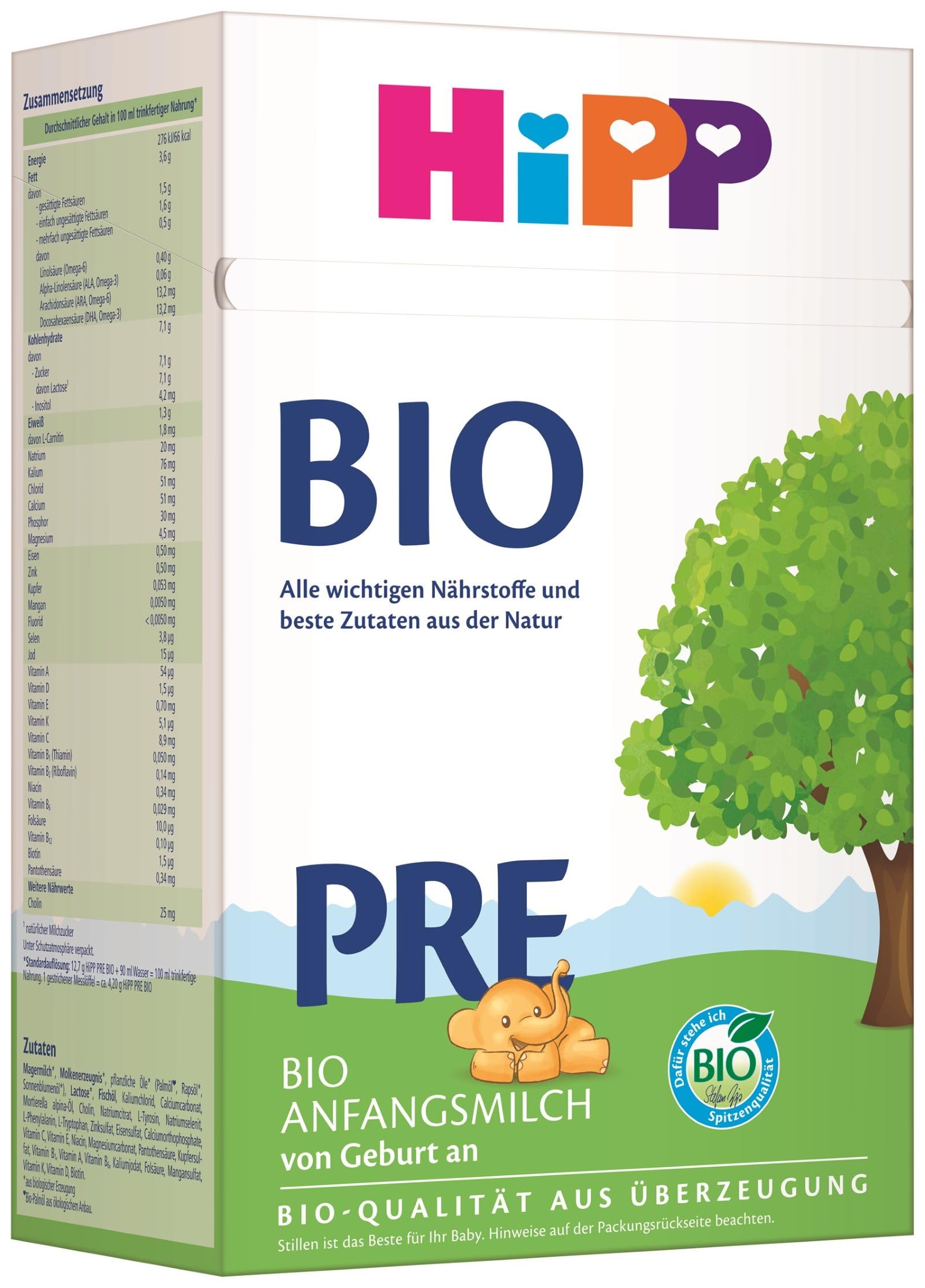 HiPP PRE Bio Anfangsmilch (4 x 600g), von Geburt an, enthält nur Lactose als Kohlenhydrat, in bester Bio-Qualität