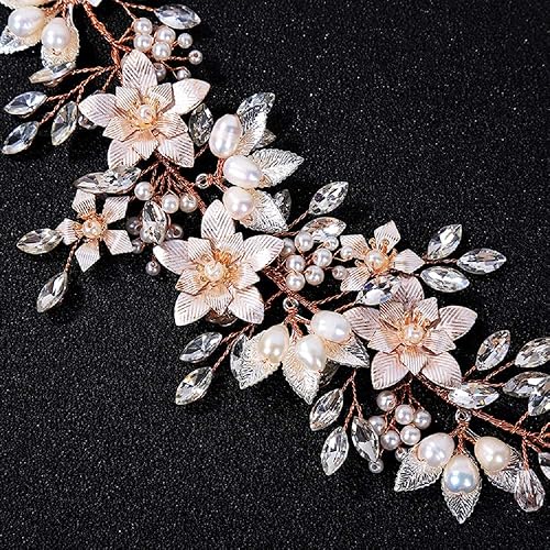 Miniatura 7 de Oriamour Diadema de boda para novia, diseño de flores, con perlas y cintas de agua dulce genuinas, accesorios para el cabello para novia (oro rosa)