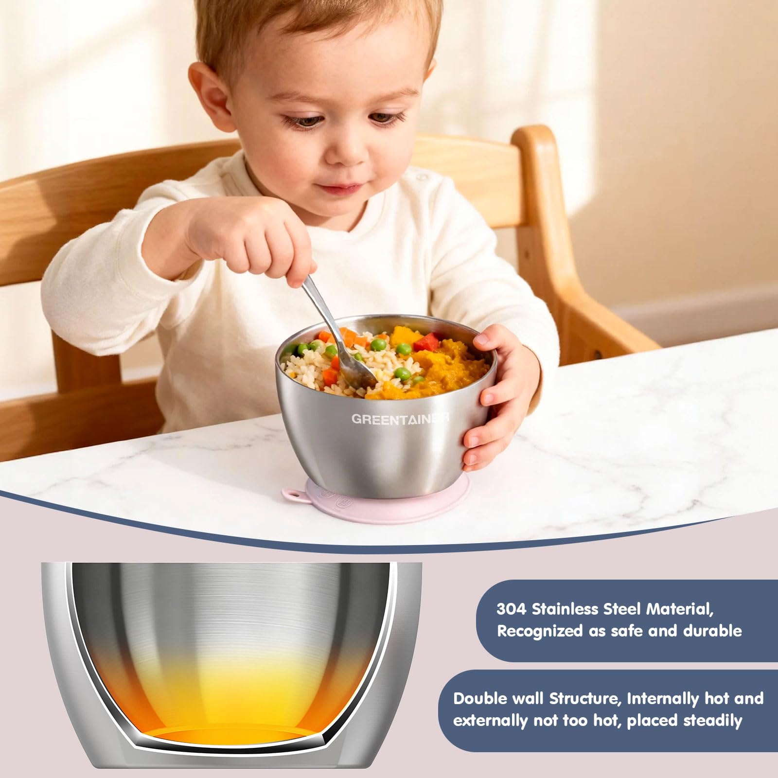 Greentainer 3er Set Edelstahl Baby Schüsseln mit Saugnapf – Breischale für Babybrei & Porridge, Rutschfeste Babyschüsseln,Unzerbrechlich & BPA-frei, Kinderschüssel ab 6 Monaten,Farben mischen