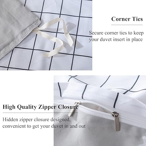 Miniatura 6 de EAVD - Moderno juego de funda de edredón con estampado a cuadros ginghamgeométrico color blanco y negro, 100% algodón, suave, tamaño Queen, con 2