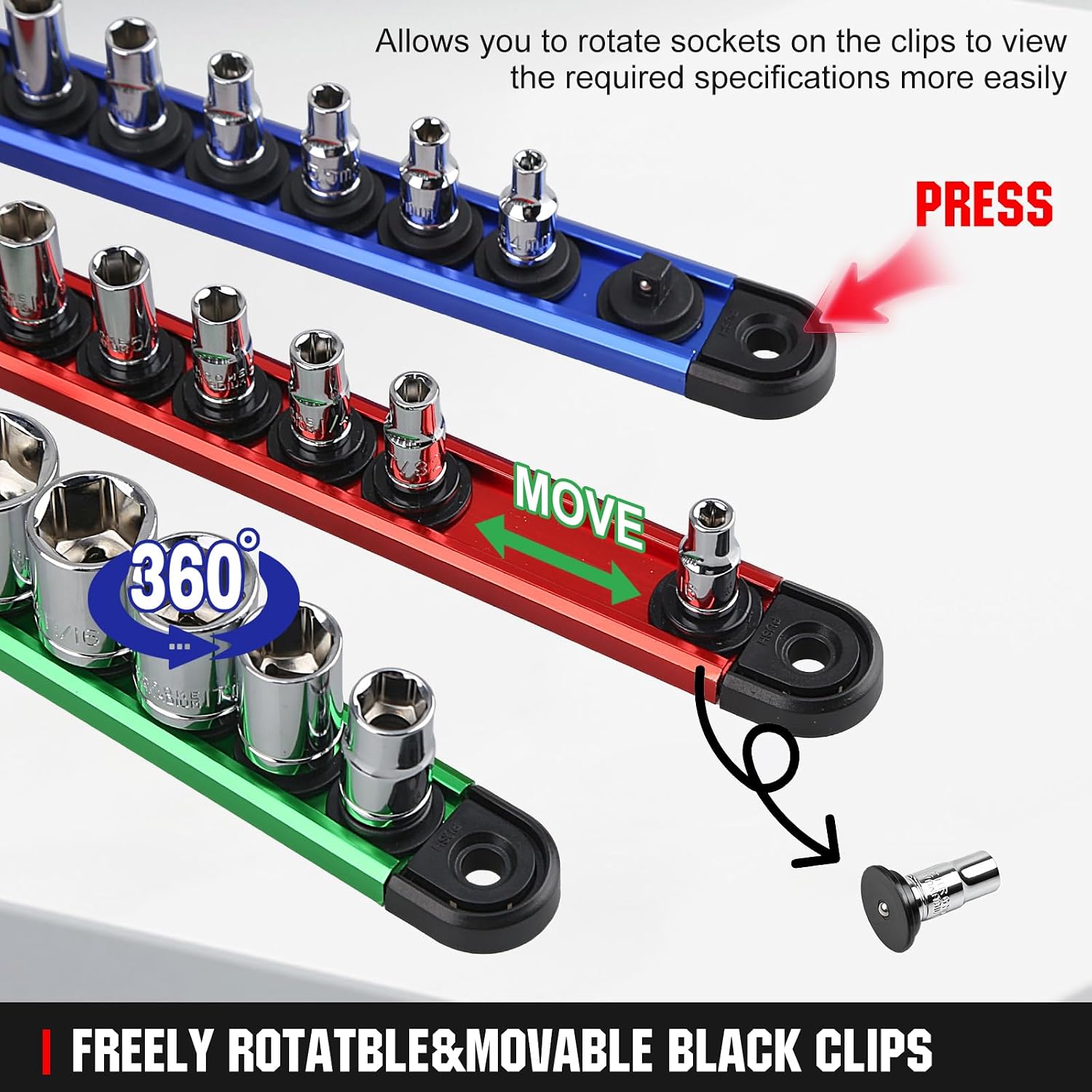 Magnetic Socket Organizer Set | 1/4" 3/8" 1/2" Socket Rail with 120 Clips | 9PCS Aluminum Alloy Socket Holder | Ratchet Organizer & Socket Organizer for Tool Box Drawer|Garage and Tool Cart
