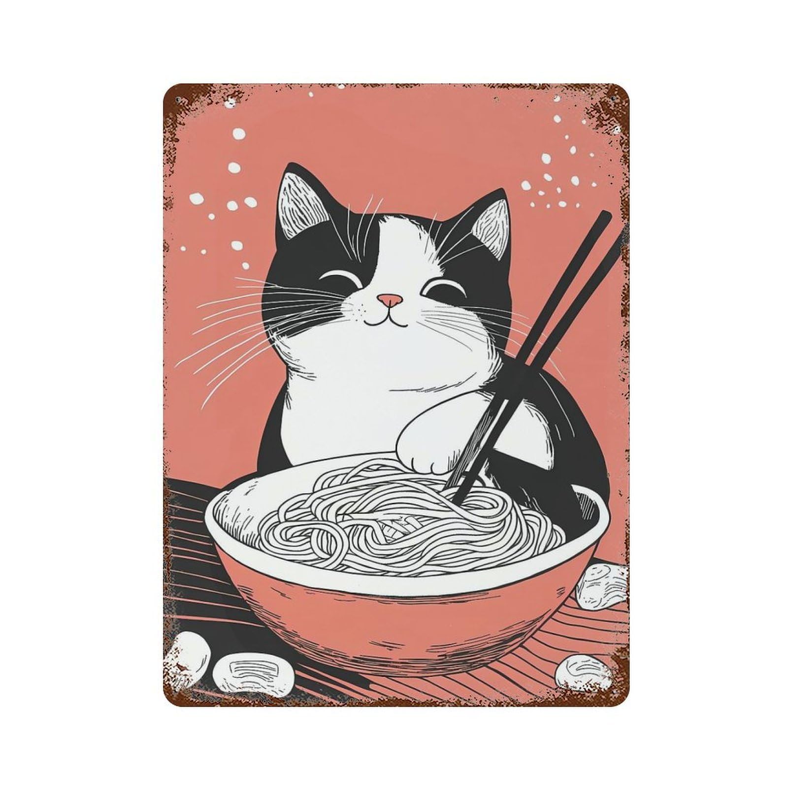 Cat Eating Ramen Noodles Rusty Metal Tin Sign 15.7"x11.8", Ideal for Pub, Kitchen And Man Cave Decor