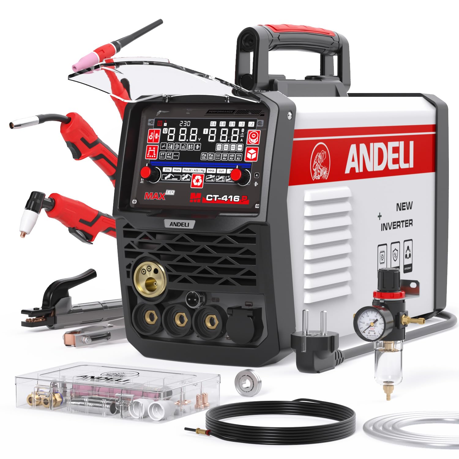 ANDELI Poste à souder 6 en 1 230V – MIG Pulse/TIG HF/Plasma/MMA – 160A aluminium – 40A découpe,ANDELI Digital Auto-Darkening Casque de soudage