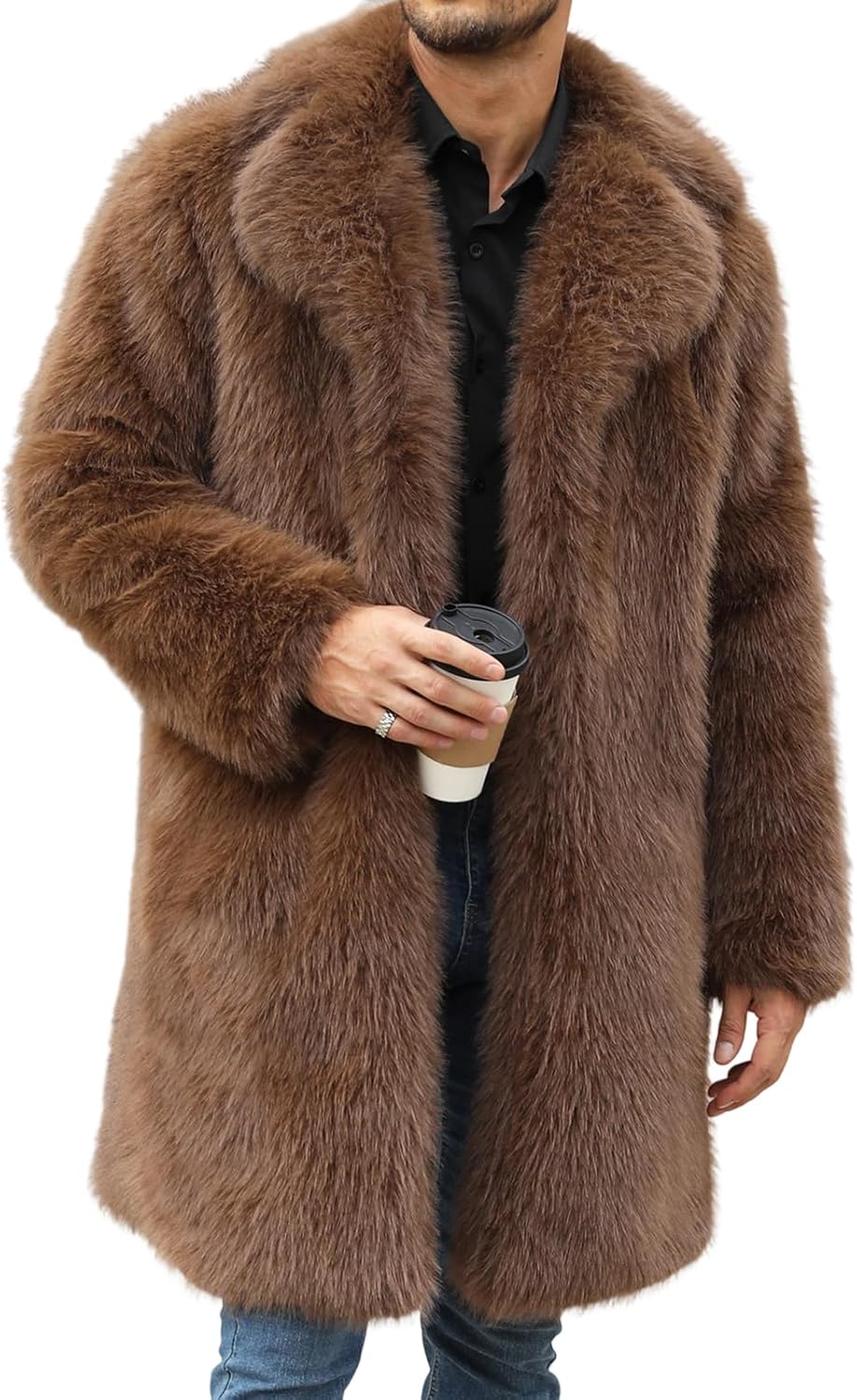 Men's Fashion Warm Thick Jacket Coat Faux Fur Open Front Fluffy Overcoat Halloween Costumes Winter Coat Long Trench