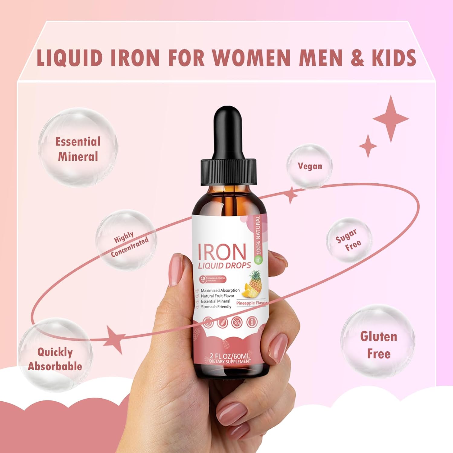 Iron Supplement Liquid Drops - High Absorption Formula with Vitamins C, B12, B6, Supports Energy, Gentle & Vegan, Suitable for Women, Men & Children, Pineapple Flavor, 60 ml - Image 3
