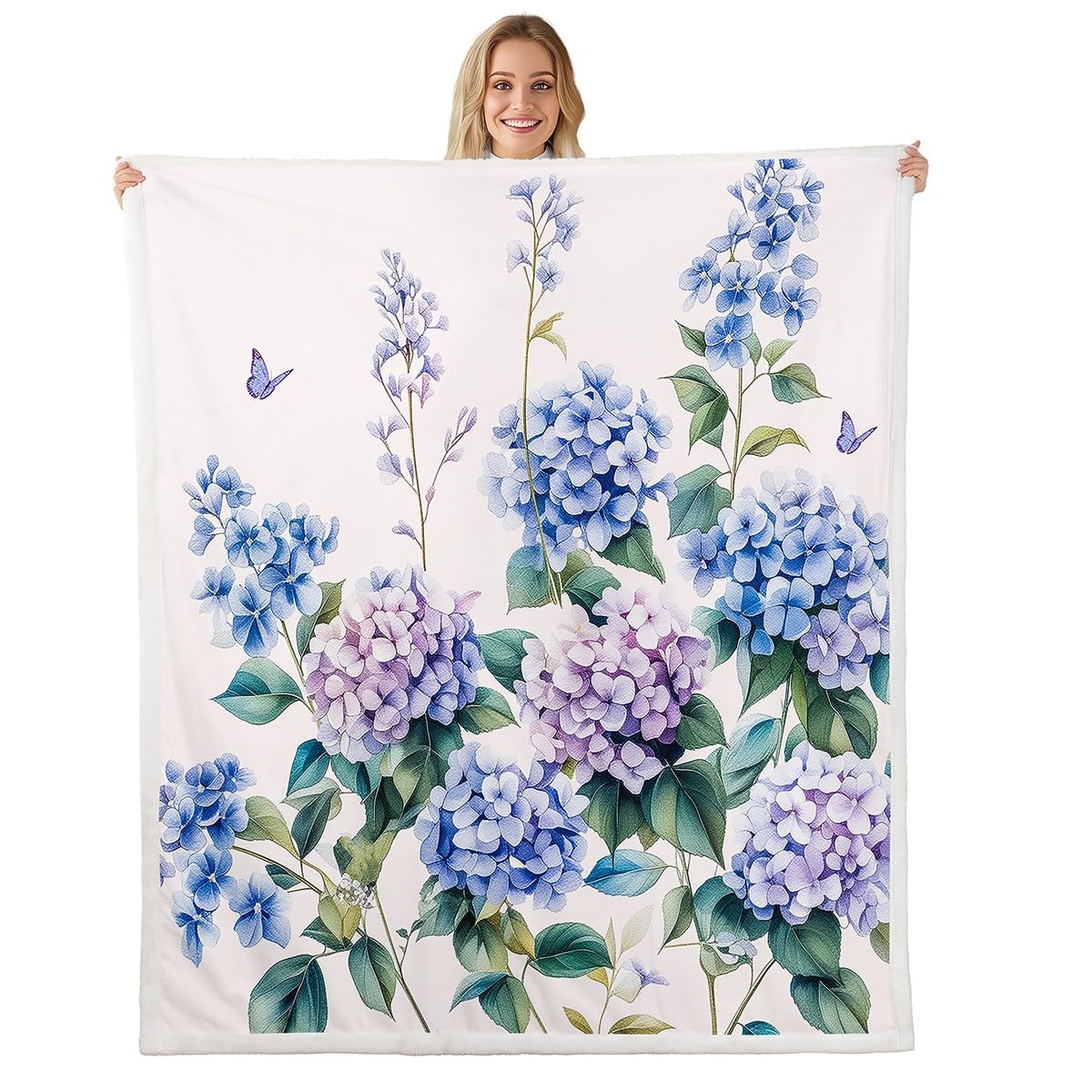 Homemissing Flower Sherpa Blanket Single 50x60Inch Blossom Flowers Pattern Fleece Throw Blanket Botanical Floral Printed Plush Blanket Natural Theme Fuzzy Blanket Oyster White