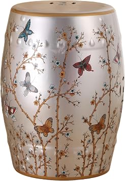 Ceramic Drum Garden Stool, Flower and Butterfly, Classic, Cottage, Country,Living Room, Bathroom, Balcony, Patio Silver