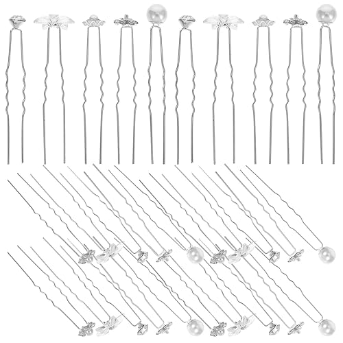 Housoutil 40pcs Bridal Pearl Flower Hair Pins Set with Rhinestone