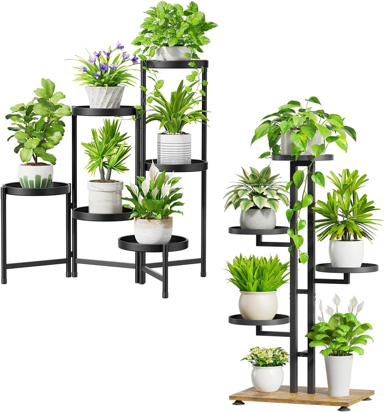 iDavosic.ly Plant Stand for Indoor Outdoor Set of 2, 6 Tier Large Metal Folding Flower Holder Shelf and 5 Layer Tall Corner Pot Display Rack for House Patio Porch Garden Balcony Living Room, Black