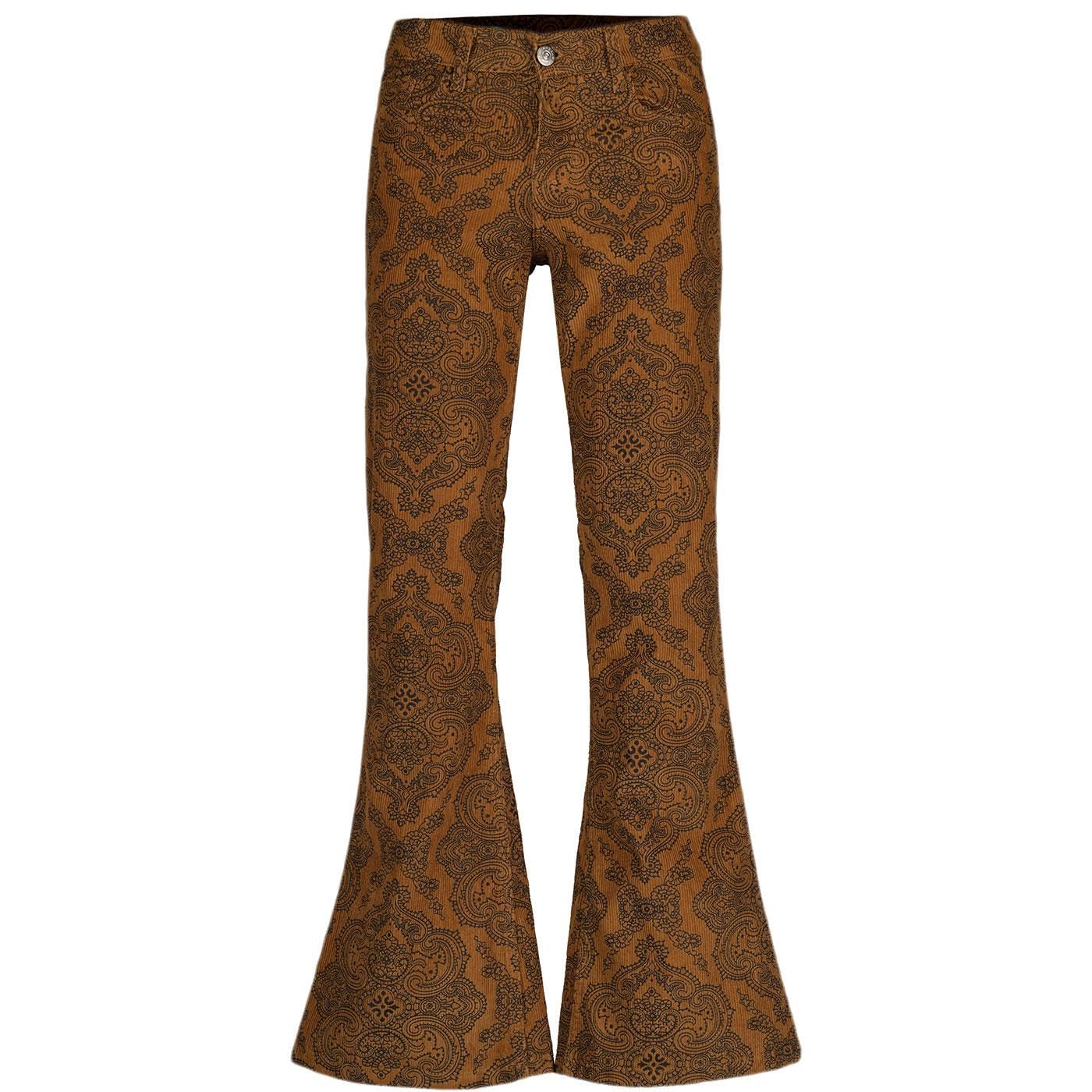 Madcap England Men's Tan Retro 60S 70S Mod Paisley Print Cord Corduroy Bell Bottoms Flares Jeans Paisley Rave Mc277 (30W / 30L, )