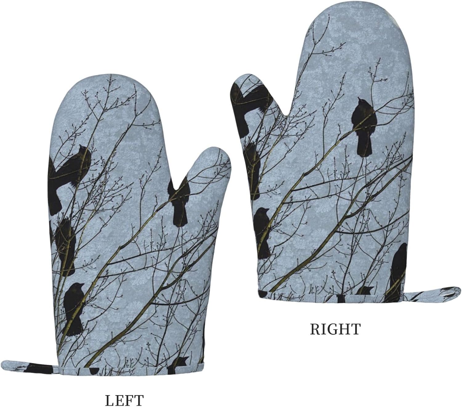 Black Crow Birds Oven Mitts and Pot Holders Set of 4 Heat Resistant Kitchen Gloves with Silicone Palm Hot Pads for Baking Cooking Grilling BBQ