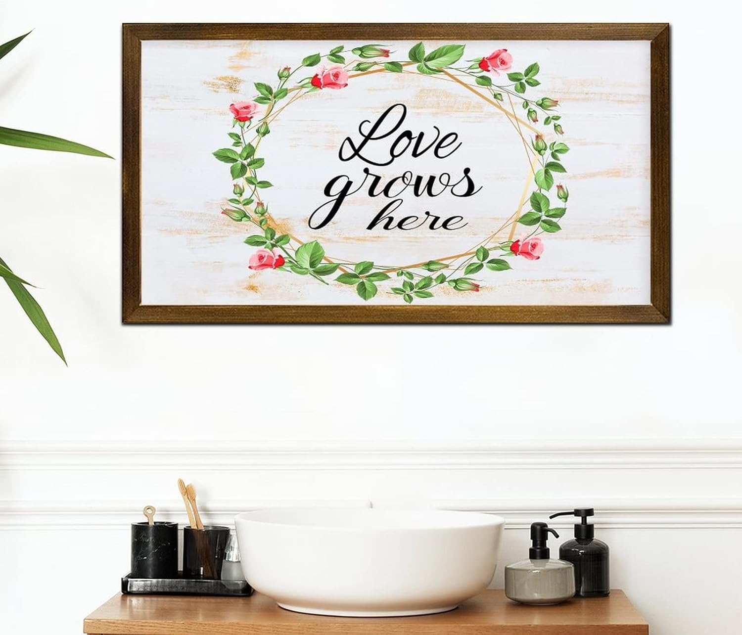 Love Grows Here Framed Wood Sign Fresh Rose Flower Wreath Hanging Wall Art Sign Classic Botanical Artwork Home Wall Hanging Sign Decoration for Bedroom Kitchen Living Room Table 12x22 Inch