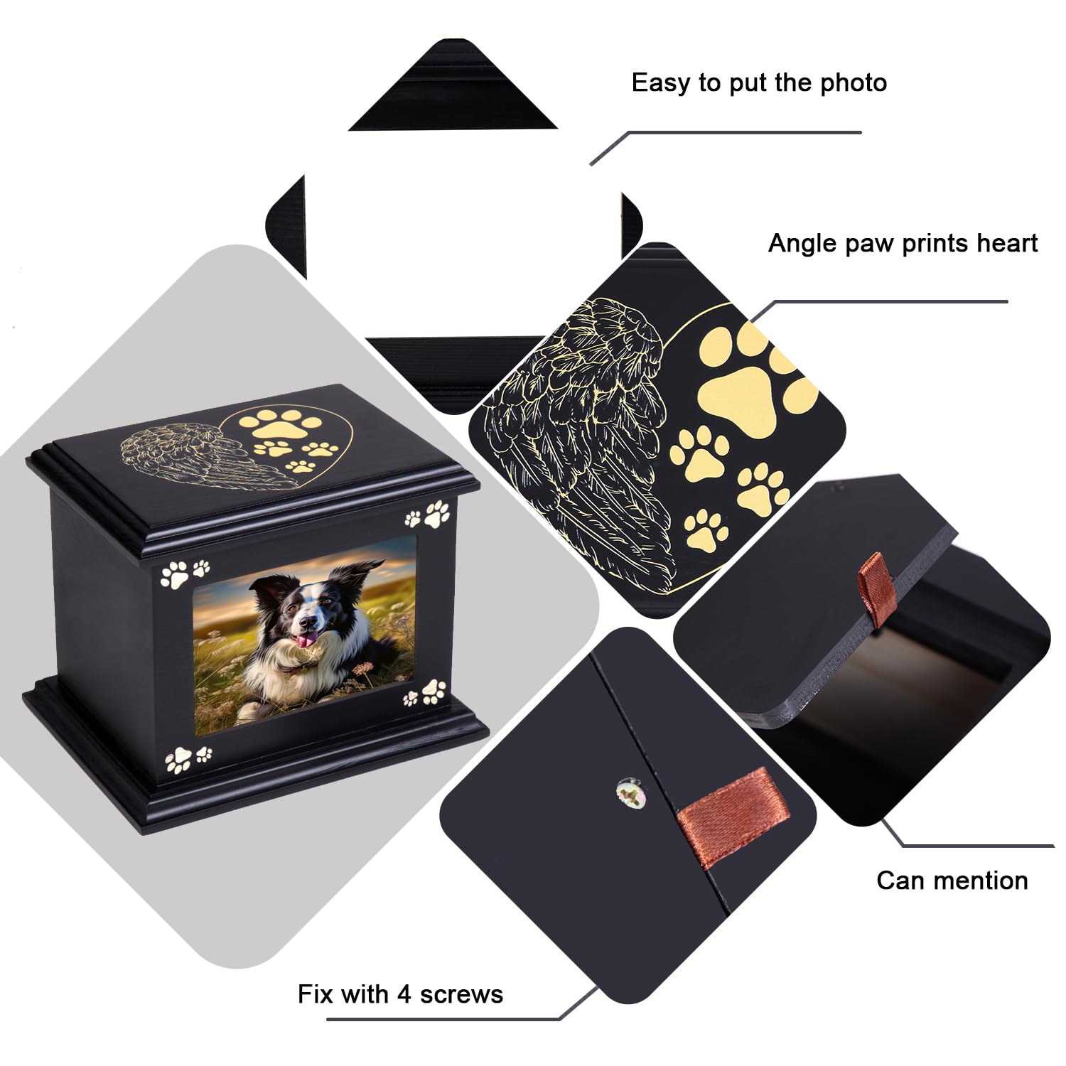 Urne pour animaux de compagnie urns Doggy Memorial 40 grande urne funéraire en bois urns avec cadre photo Memorial Memorial Memory Box Liner noir Anis perdu cadeau commémoratif pour animaux de