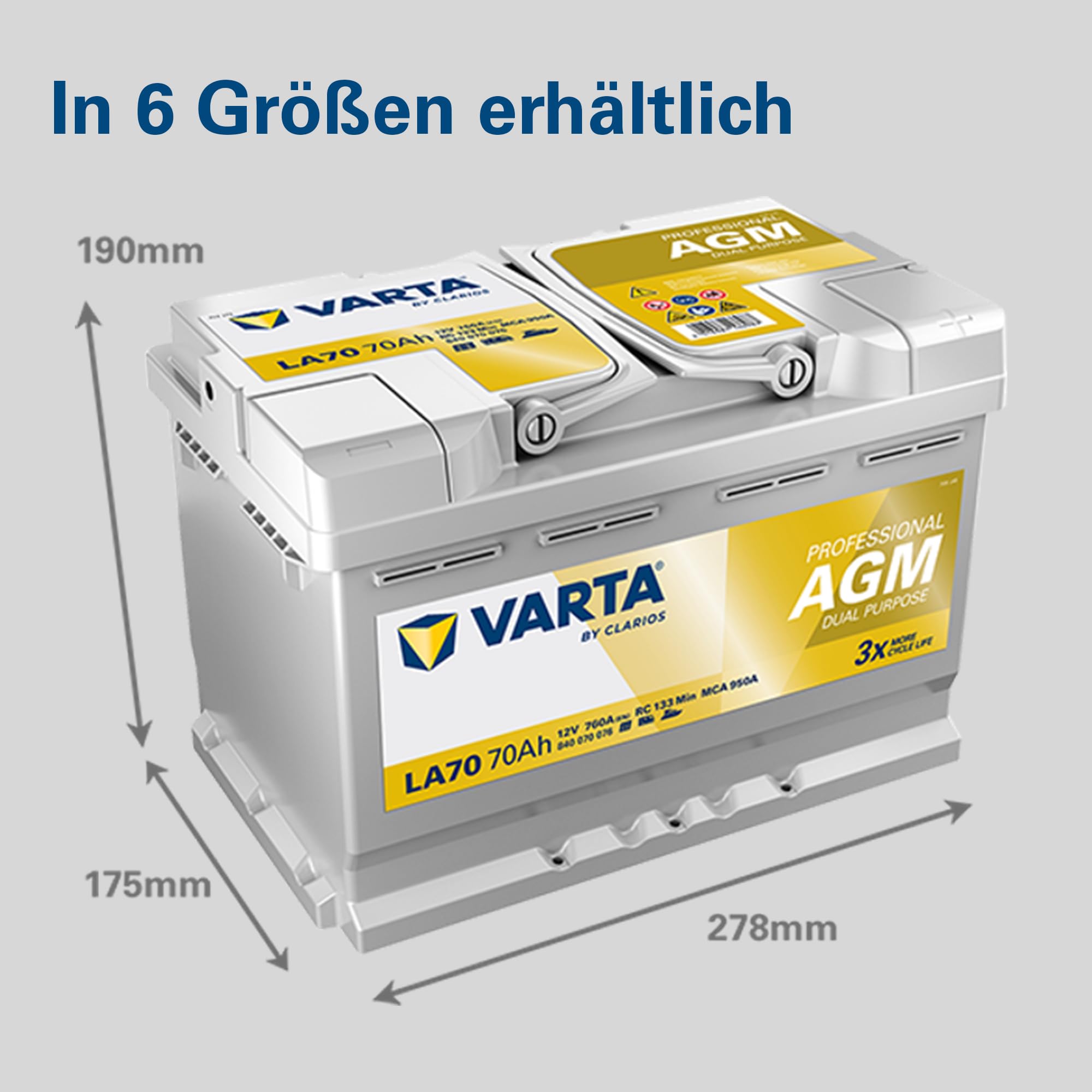 VARTA Professional Dual Purpose AGM (LA70) 12V 70Ah 760A - Nassbatterie für Wohnmobile, Wohnwagen & Boote - Resistente Starter- & Versorgerbatterie hoher Energiebedarf - Bleisäurebatterie wartungsfrei
