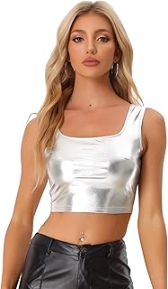 Allegra K Women's Crop Top Vest Tank Top U Neck Sleeveless Party Clubwear Shiny Metallic