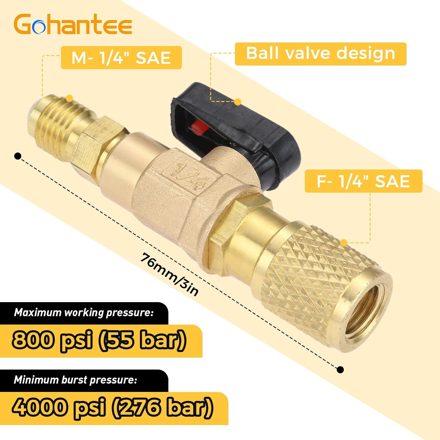 Air Conditioning Refrigerant Ball Valve 1/4" SAE, R134a AC HVAC Ball Valve Adapter for R134A R410A R22 R12 R502 Charging Hoses Air Condition Refrigerant Tools