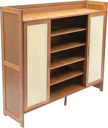 Miniatura 5 de Gabinete de zapatos de ratán con puertas, armario independiente de almacenamiento de zapatos con 5 niveles y estantes de almacenamiento para