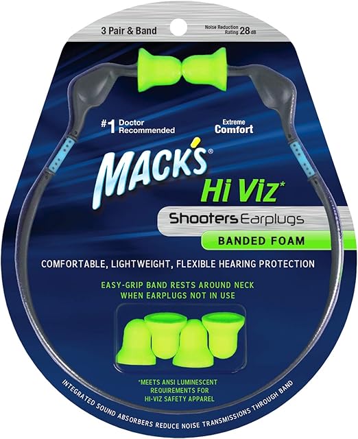 Mack’s Hi Viz Banded Foam Shooting Earplugs, 3 Pair with